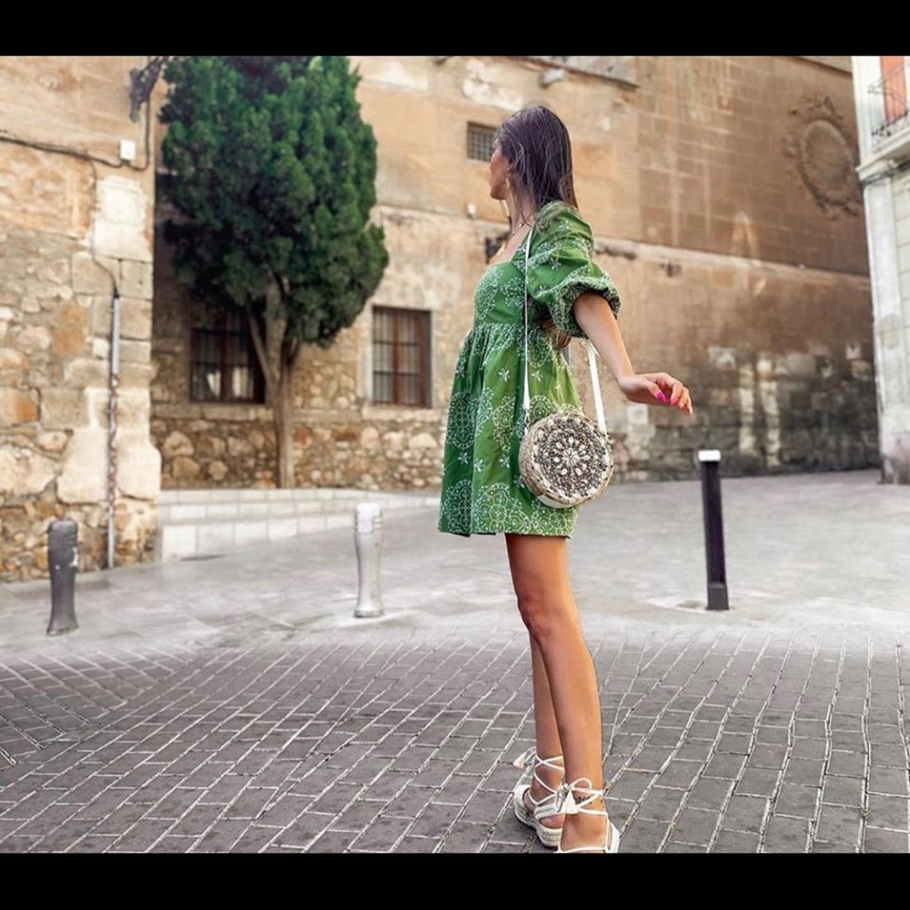 ZARA OPENWORK EMBROIDERED DRESS PUFF SLEEVES Green - Picture 9 of 11